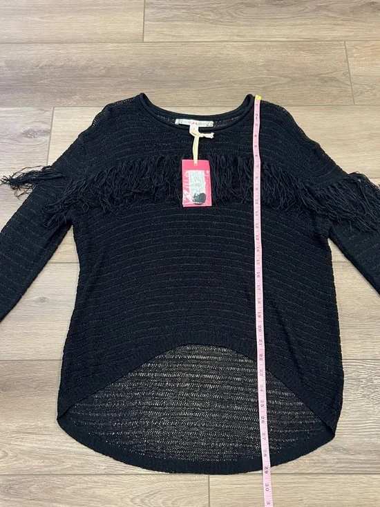 NWT Chelsea & Violet Black Fringe See-Through Knit Top Hi-Low Relaxed Fit - Picture 8 of 13